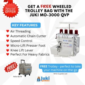 GET A FREE WHELLED TROLLEY BAG WITH THE JUKI MO 3000 1